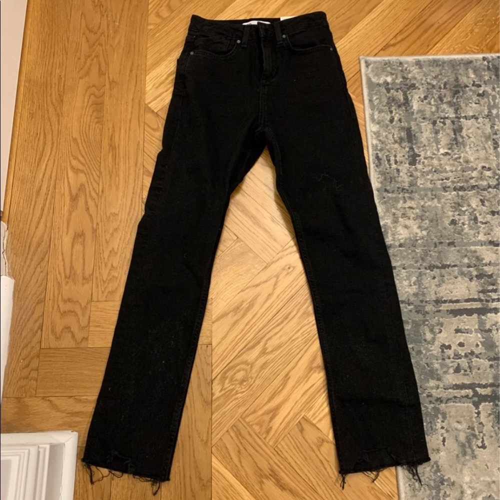 NWT Zara black slim fit jeans with distressed bottoms